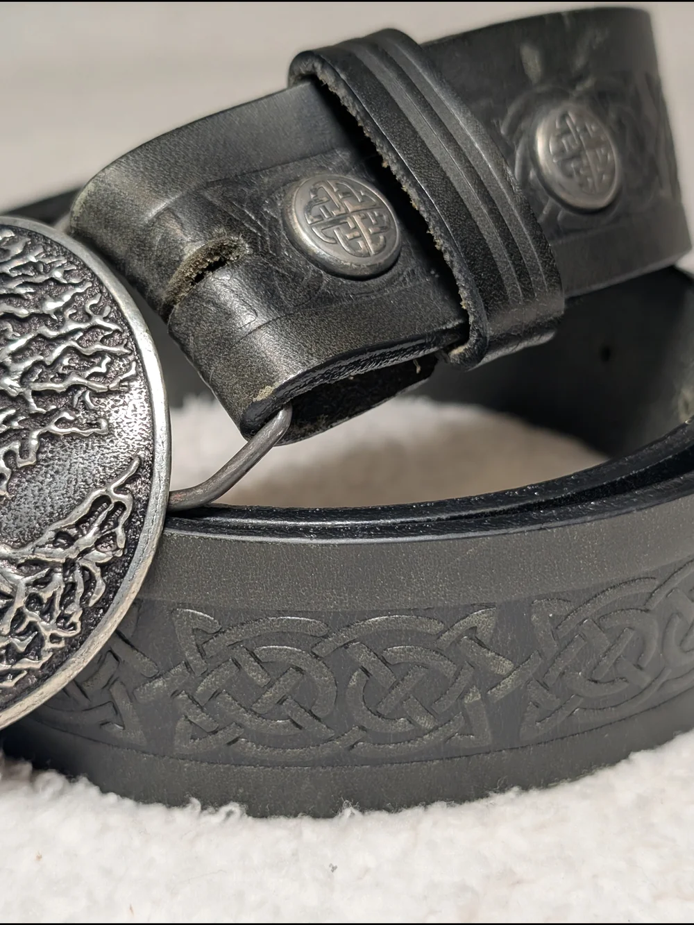 Lee River Black Leather Belt Men's LG 36/38 Tree of Life Metal Buckle Ireland